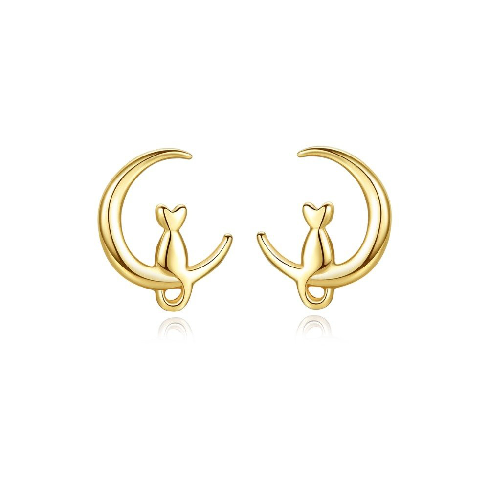 14K-Gold_Cute_Cat_on_Moon_Stud_Earrings_oje003 Solid 14K Gold 585 Cute Cat on Moon Stud Earrings for Women Wedding Engagement 14K Yellow Gold