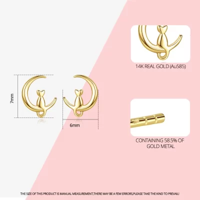 Solid 14K Gold 585 Cute Cat on Moon Stud Earrings for Women Wedding Engagement 14K Yellow Gold