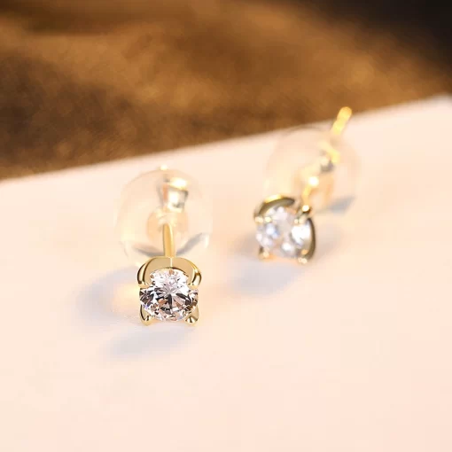 4MM Genuine 14K Gold Zircon Round Stud Earring For Women Bridal AAA CZ Yellow Gold Ear Fine Jewelry E14157 Bijoux Femme